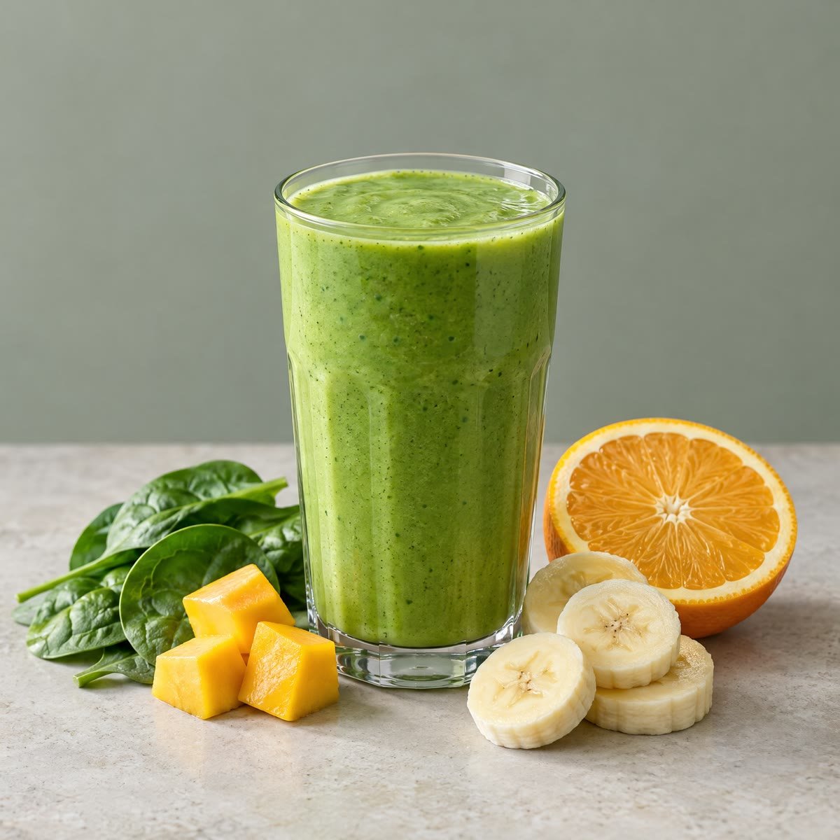 Kozarec zelenega smoothieja Green Detox s špinačo, mangom, banano in pomarančo